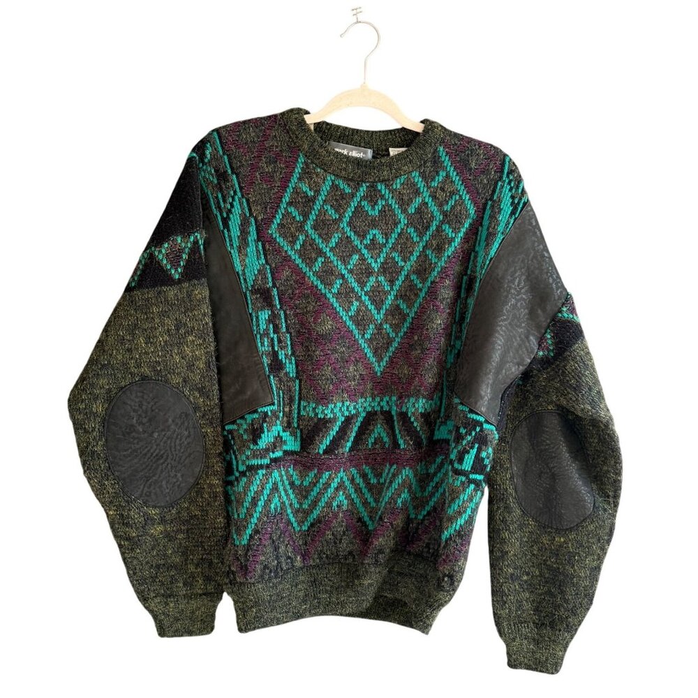 Vintage 80s 90s Mark Elliot Acrylic Nylon Sweater Genuine Leather size Medium